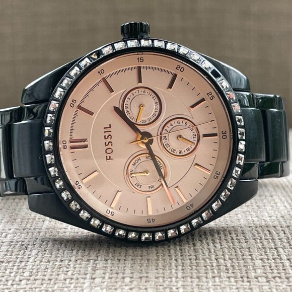 Fossil Ladies Wristwatch Crystals Accent Bezel Black Tone Quartz Multi-function - Picture 3 of 11